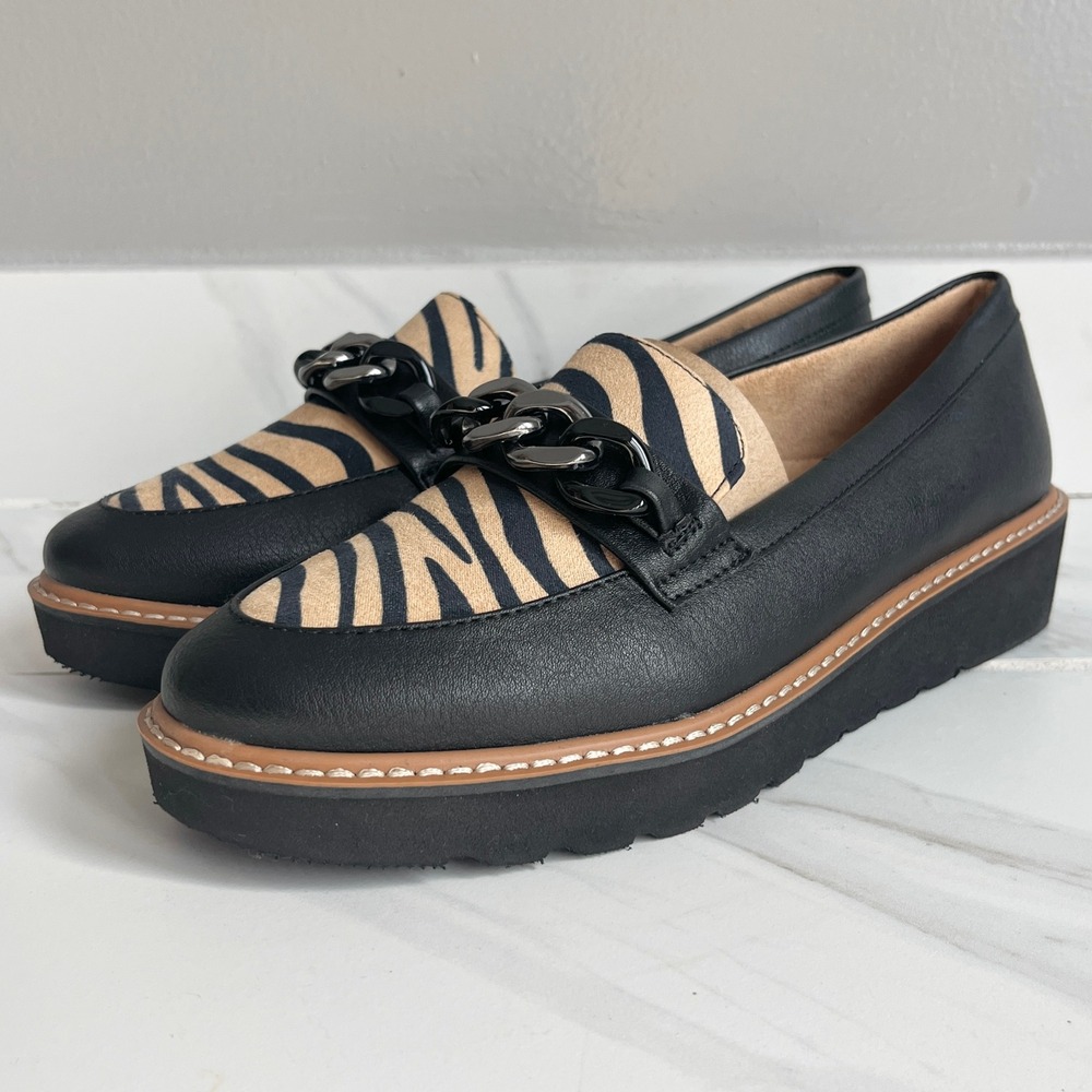 Naturalizer Emmal Black Zebra Print Chain Platform Loafers Shoes Womens 7.5 M